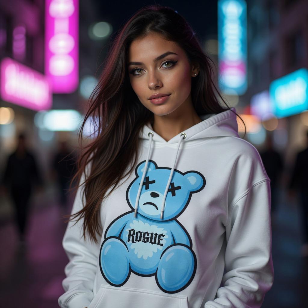 Sad Rogue Bear Blue Hoodie: Reflective Character Design