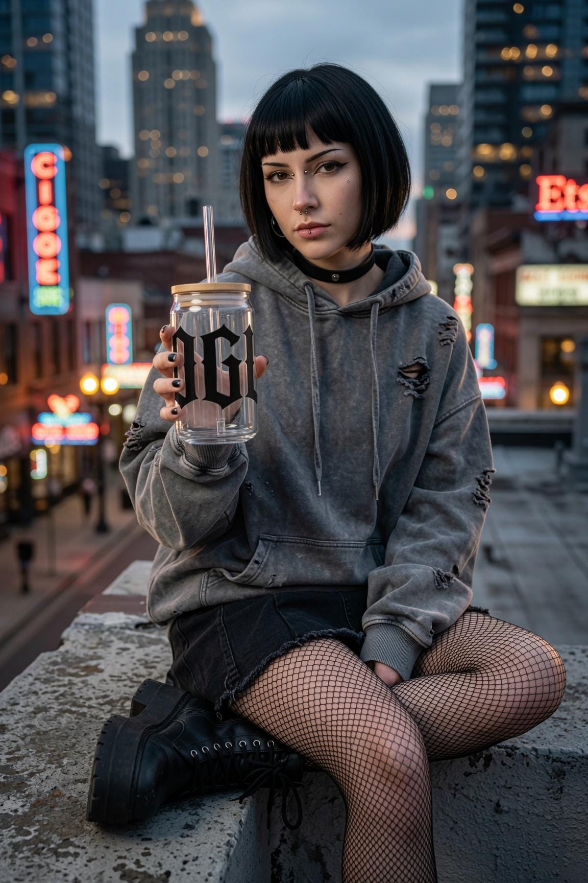 Gothic Glass Coffee Cup, 16oz Iced Coffee Glass, ROGUE Sipper Glass, Bamboo Lid and Straw Option, Alternative Drinkware