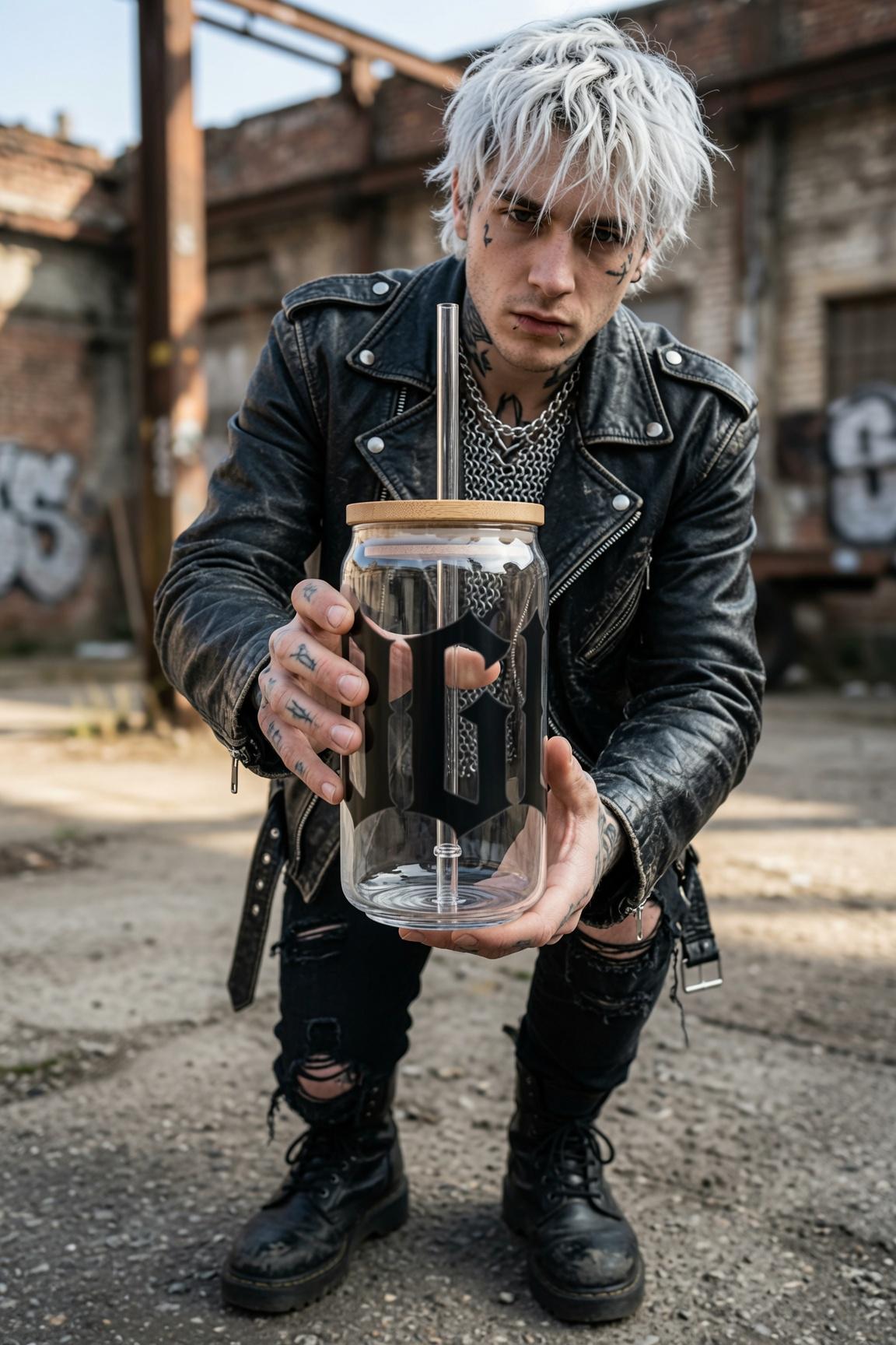Gothic Glass Coffee Cup, 16oz Iced Coffee Glass, ROGUE Sipper Glass, Bamboo Lid and Straw Option, Alternative Drinkware